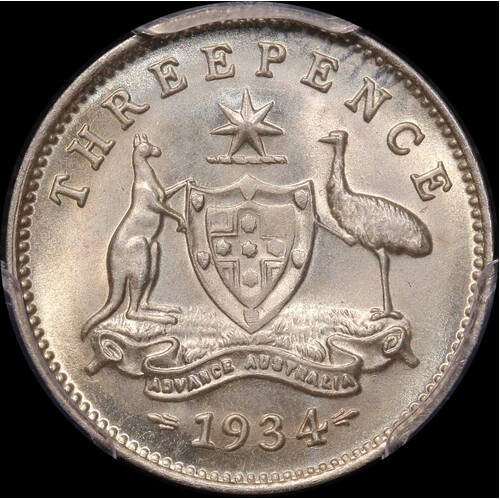 1934 Threepence Gem Unc (PCGS MS66)