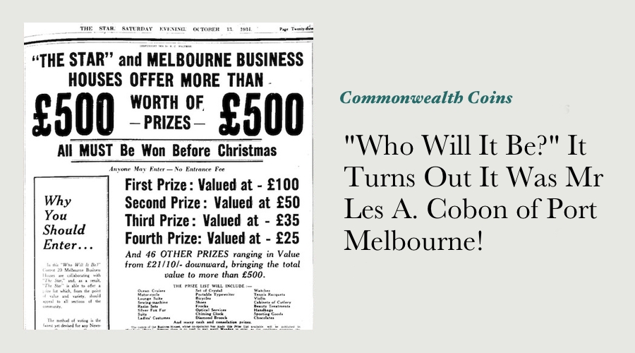 "Who Will It Be?" It Turns Out It Was Mr Les A. Cobon of Port Melbourne! main image